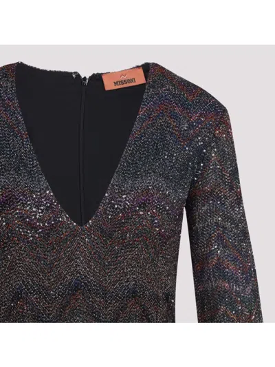 Missoni Multicolour Dress With Deep Neckline And All-over Sequins In Viscose Woman In Black