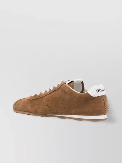 Miu Miu Brown Calf Leather Bos Taurus Athletic Sneakers In Brown