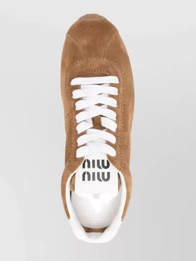 Miu Miu Brown Calf Leather Bos Taurus Athletic Sneakers In Brown