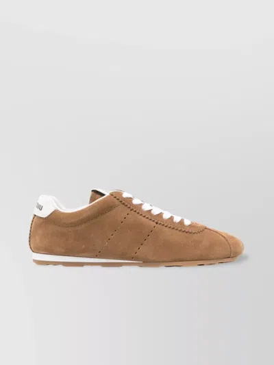 Miu Miu Brown Calf Leather Bos Taurus Athletic Sneakers In Brown