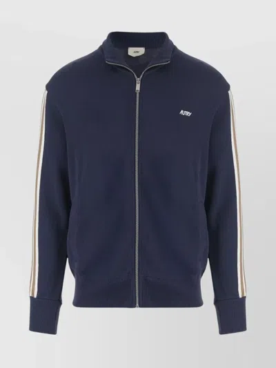 Autry High-collar Blue Jacket With Vertical Stripes And Ribbed Cuffs In Blue