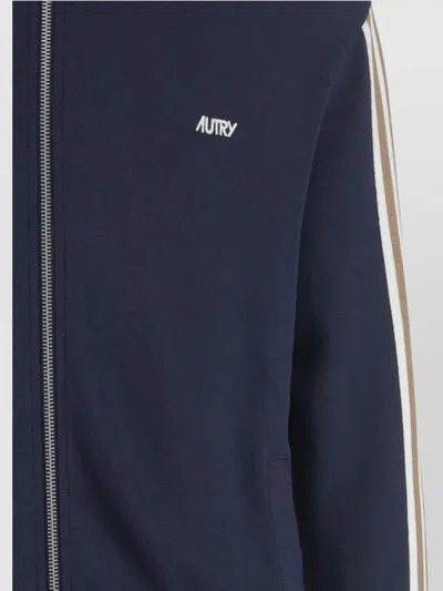 Autry High-collar Blue Jacket With Vertical Stripes And Ribbed Cuffs In Blue
