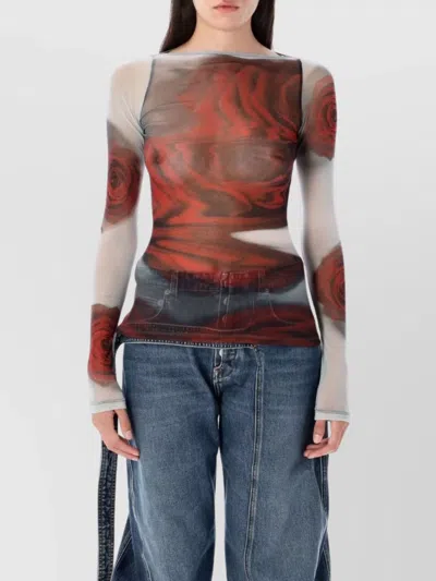 Jean Paul Gaultier Rose Mesh Floral Top In Brown