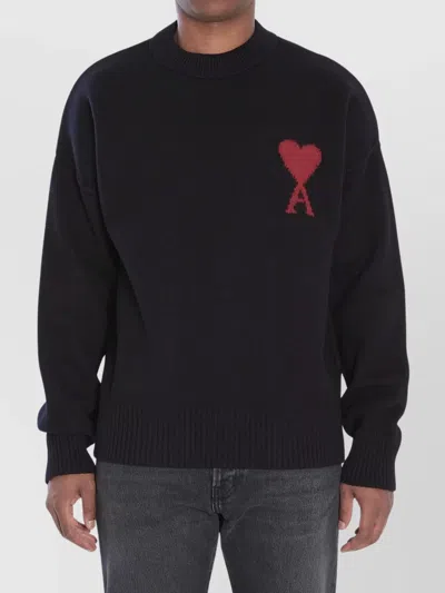 Ami Alexandre Mattiussi Relaxed Fit Black Wool Turtleneck Sweater With Graphic Heart Motif In Black