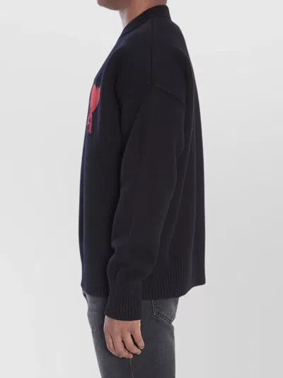 Ami Alexandre Mattiussi Relaxed Fit Black Wool Turtleneck Sweater With Graphic Heart Motif In Black