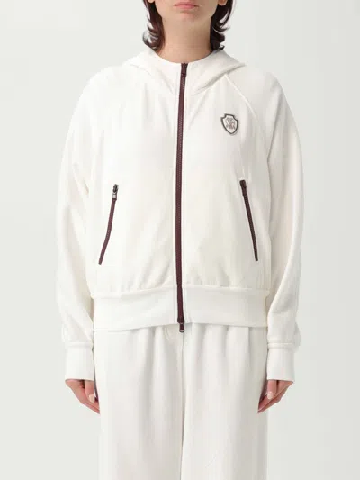 Brunello Cucinelli White Sweatshirt With Fixed Hood And Logo Patch On The Front In Cotton Blend Woman In White