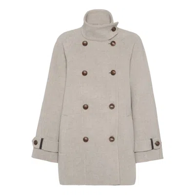 Brunello Cucinelli Virgin Wool And Cashmere Peacoat In Double Cloth With Shiny Cuff Details In White
