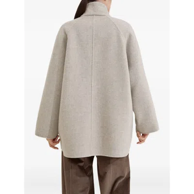 Brunello Cucinelli Virgin Wool And Cashmere Peacoat In Double Cloth With Shiny Cuff Details In White