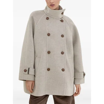 Brunello Cucinelli Virgin Wool And Cashmere Peacoat In Double Cloth With Shiny Cuff Details In White