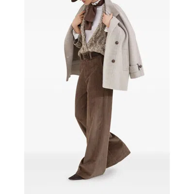 Brunello Cucinelli Virgin Wool And Cashmere Peacoat In Double Cloth With Shiny Cuff Details In White