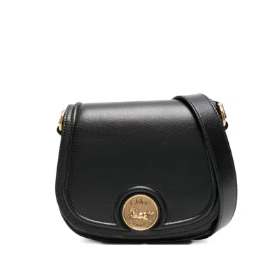 Chloé Grained Leather Shoulder Bag With Prominent Logo Detail In Black