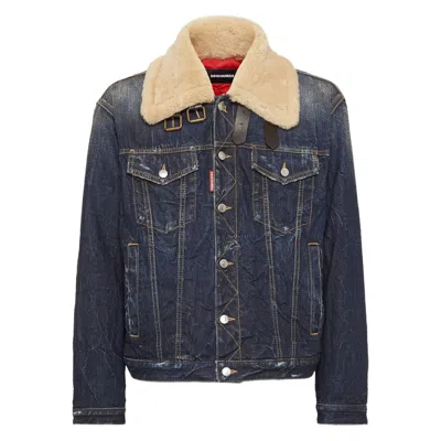 Dsquared2 Denim Aviator Jacket With Shearling Collar And Distressed Finish In Multi