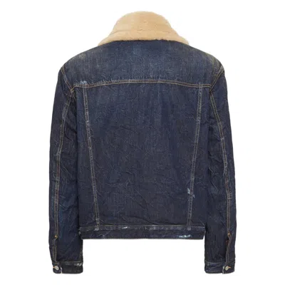 Dsquared2 Denim Aviator Jacket With Shearling Collar And Distressed Finish In Multi