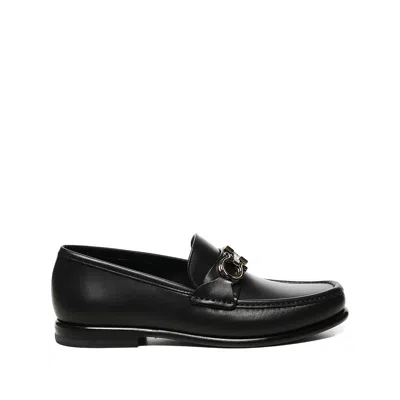 Ferragamo Crown Leather Loafer With Gancini Detail In Black
