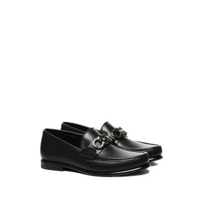 Ferragamo Crown Leather Loafer With Gancini Detail In Black