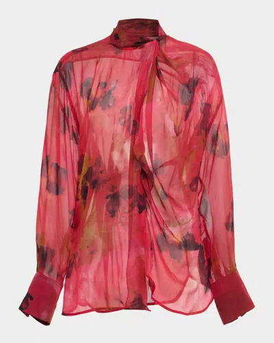 Victoria Beckham Womens Drape Abstract-print Silk Blouse Raspberry In Red