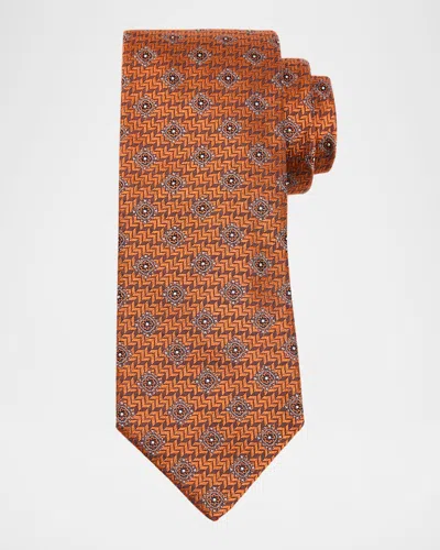 Brunello Cucinelli Men's Geometric Tile Jacquard Silk And Cotton Tie In Orange