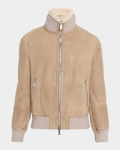 Brunello Cucinelli Suede Curly Shearling Bomber Jacket With Cashmere Knit Collar In Neutral