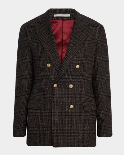 Brunello Cucinelli Prince Of Wales One-and-a-half Breasted Blazer With Metal Buttons In Brown