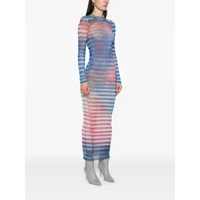 Jean Paul Gaultier Mesh Striped Bodycon Maxi Dress In Blue