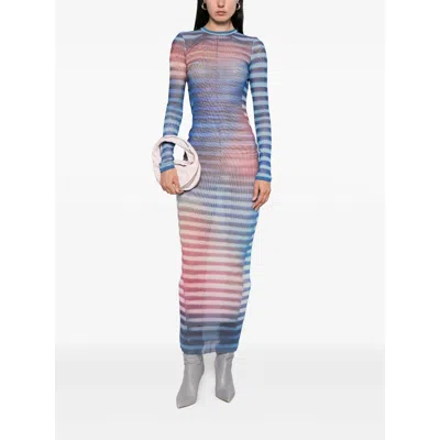 Jean Paul Gaultier Mesh Striped Bodycon Maxi Dress In Blue