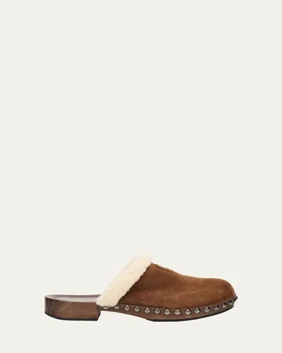 Miu Miu Suede Shearling-lined Clogs In Brown