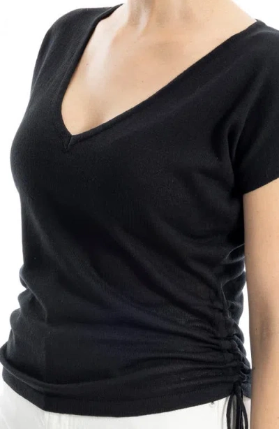 Max Studio Side Ruched Short Sleeve V-neck Sweater In Black