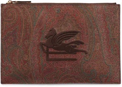 Etro Logo Print Flat Pouch In Brown
