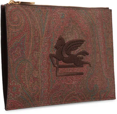 Etro Logo Print Flat Pouch In Brown