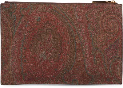 Etro Logo Print Flat Pouch In Brown