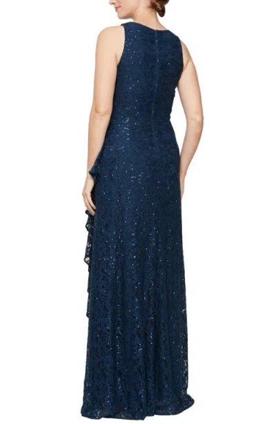 Alex Evenings Sequin Lace Cascading Ruffle Gown In Blue
