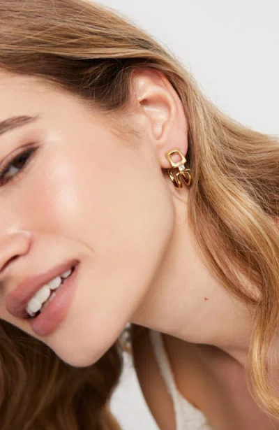 Unode50 Double Hoop Earrings Of Metal Alloy Plated In Gold 18k With White Topaz