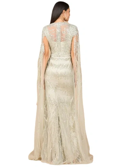 Lara New York V-neck Gown With Long Cape Sleeves And Feathers In Green