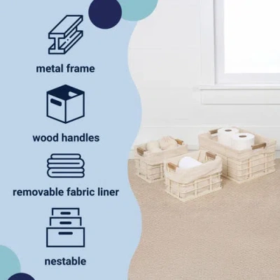 Happimess Callan Vintage Industrial Handmade Wire Metal Nesting Storage Baskets With Wood Handles And Fabric L In Neutral