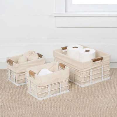 Happimess Callan Vintage Industrial Handmade Wire Metal Nesting Storage Baskets With Wood Handles And Fabric L In Neutral