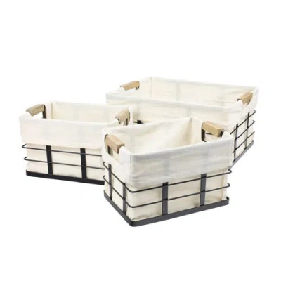 Happimess Callan Vintage Industrial Handmade Wire Metal Nesting Storage Baskets With Wood Handles And Fabric L In Neutral