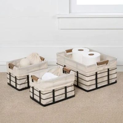 Happimess Callan Vintage Industrial Handmade Wire Metal Nesting Storage Baskets With Wood Handles And Fabric L In Neutral