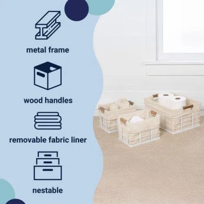 Happimess Callan Vintage Industrial Handmade Wire Metal Nesting Storage Baskets With Wood Handles And Fabric L In Neutral