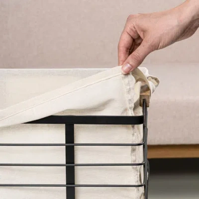 Happimess Callan Vintage Industrial Handmade Wire Metal Nesting Storage Baskets With Wood Handles And Fabric L In Neutral