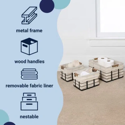 Happimess Callan Vintage Industrial Handmade Wire Metal Nesting Storage Baskets With Wood Handles And Fabric L In Neutral