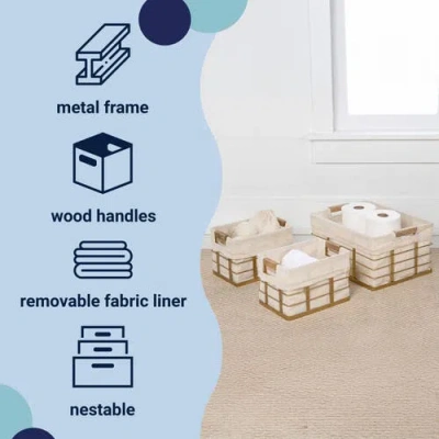 Happimess Callan Vintage Industrial Handmade Wire Metal Nesting Storage Baskets With Wood Handles And Fabric L In Neutral