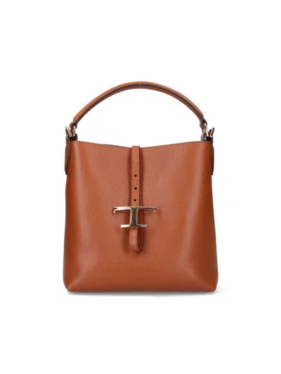 Tod's Brown Textured Leather Bucket Bag With Adjustable Strap And Gold-tone Logo In Brown