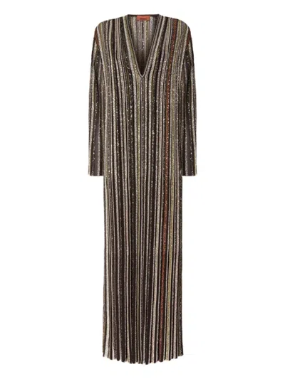 Missoni Long Dress With V-neck And Herringbone Stripe Knit In Multi