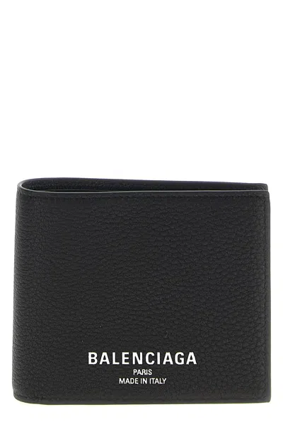Balenciaga Men Black Bi-fold Wallet With Logo Lettering On The Front In Grained Leather Man In Black