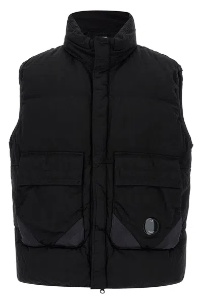 C.p. Company Black Vest With Mock Drawstring Neck And Logo Plaque On The Front In Black