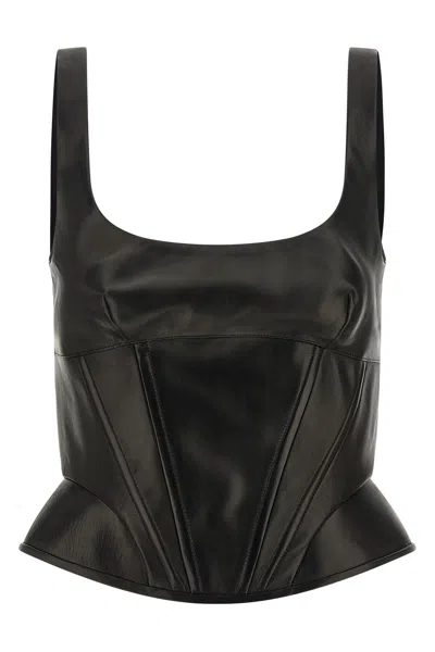 Ermanno Scervino Square Neckline Leather Top With Panel Detailing In Black