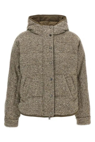 Brunello Cucinelli Reversible Virgin Wool And Silk Down Jacket With Hood In Multi