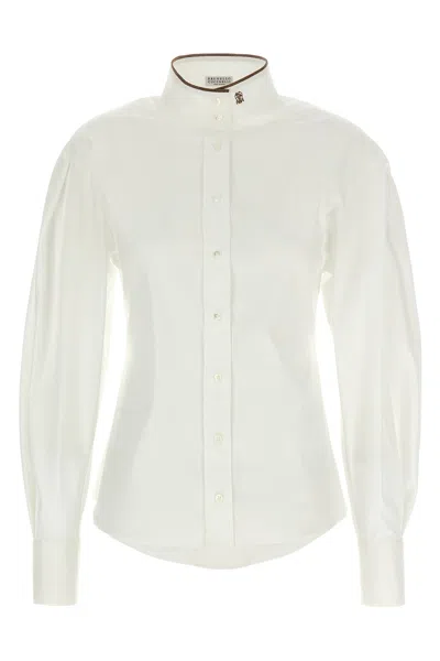 Brunello Cucinelli Stretch Cotton Poplin Shirt With Shiny Collar Detail In White