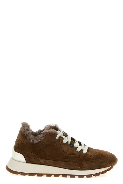Brunello Cucinelli Suede Sneakers With Rubber Sole Contrast In Nude