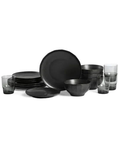 Stone Lain Rio Stoneware 16-piece Dinnerware Set With Glasses In Black